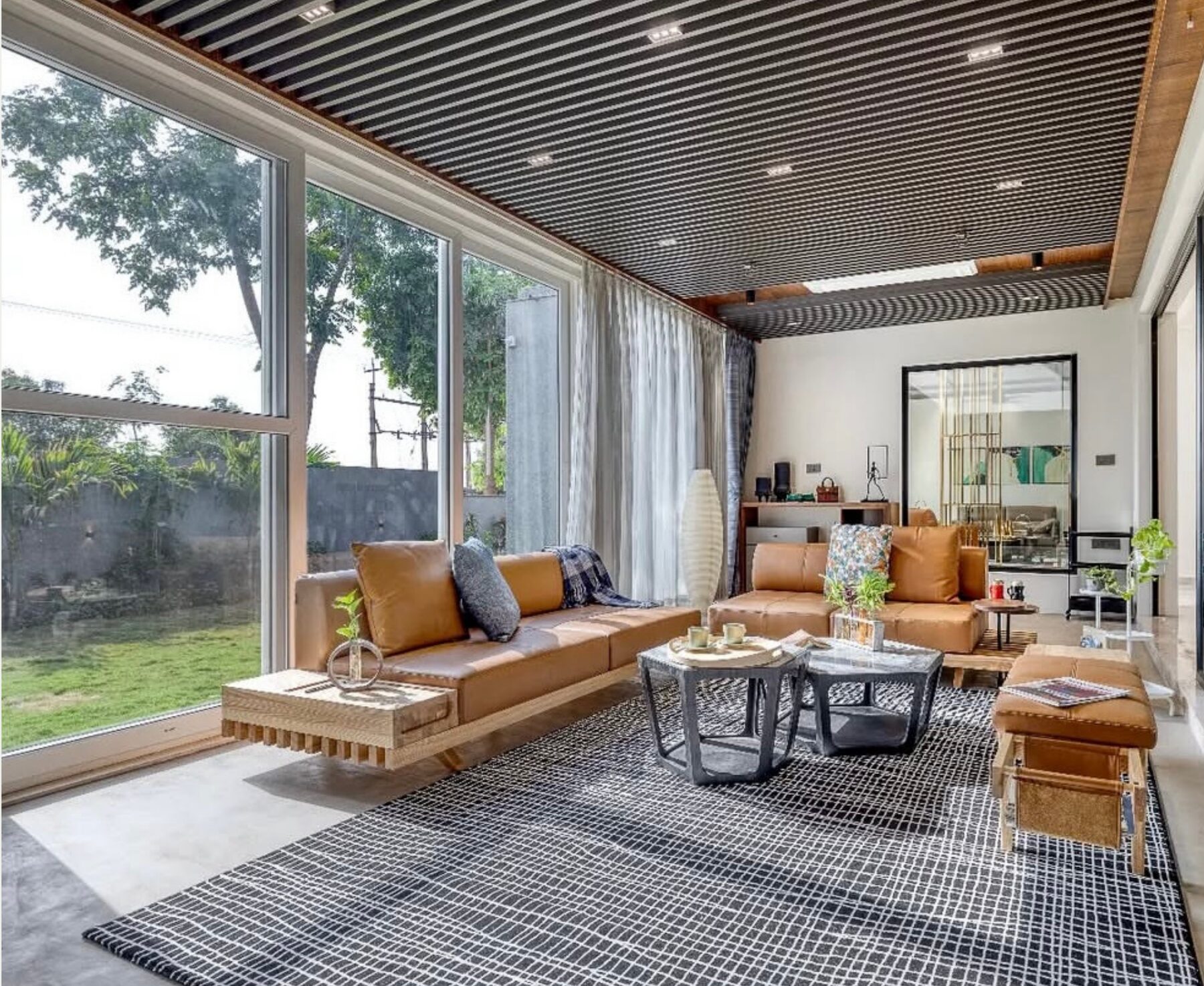 A softly lit living room with warm textures